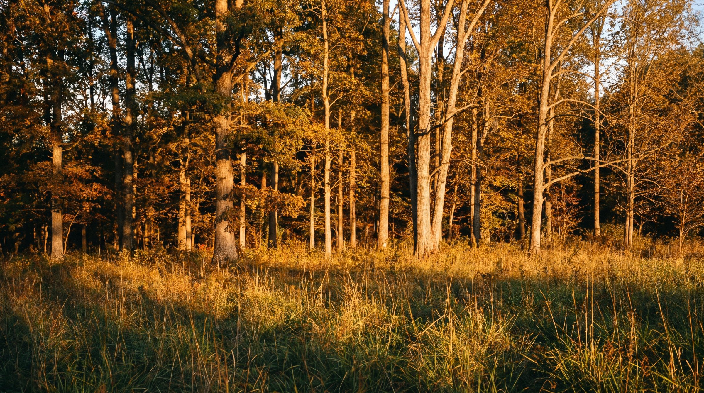 Late golden light over a stand of tall trees