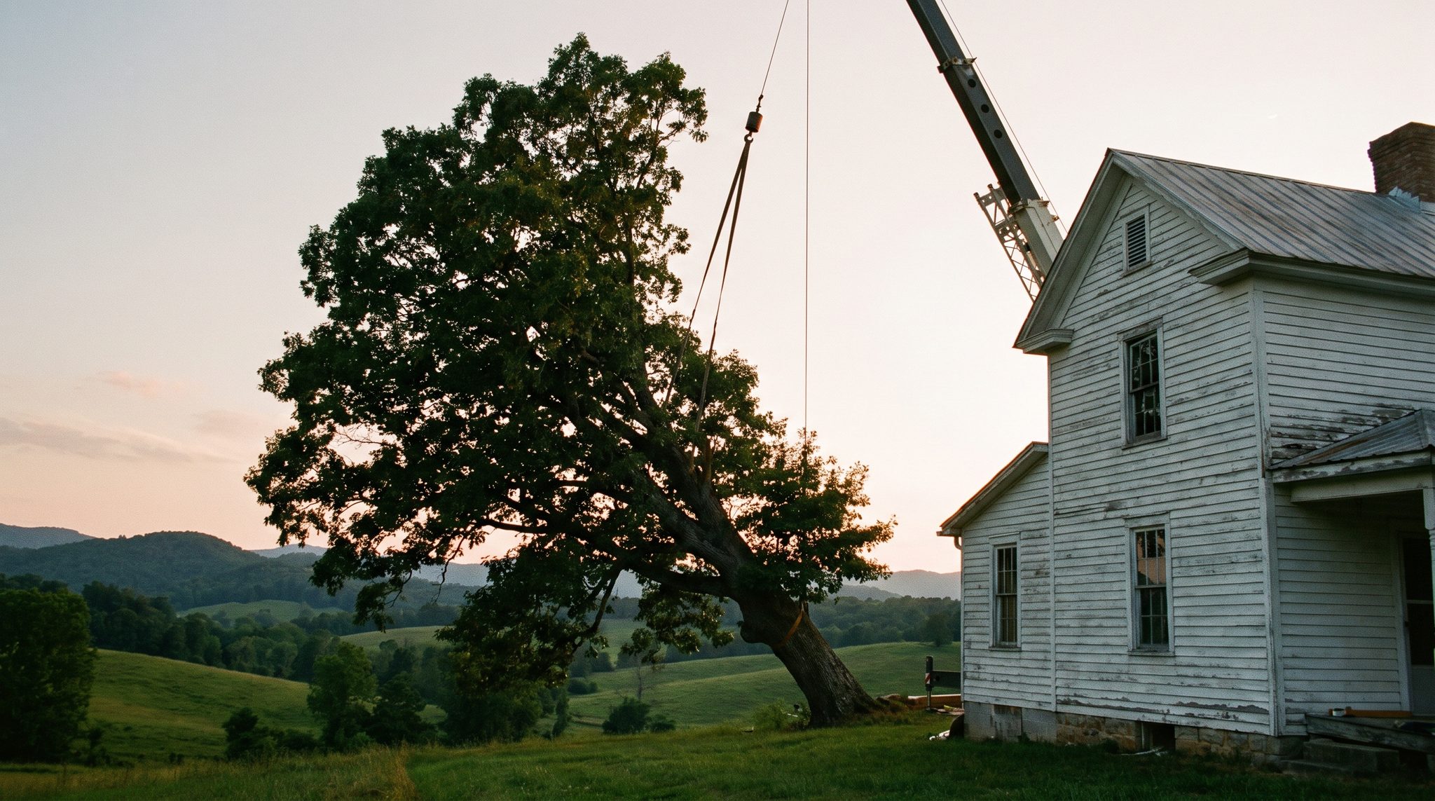 A large leaning hardwood being taken down with a crane and rigging beside a Tennessee farmhouse at dusk