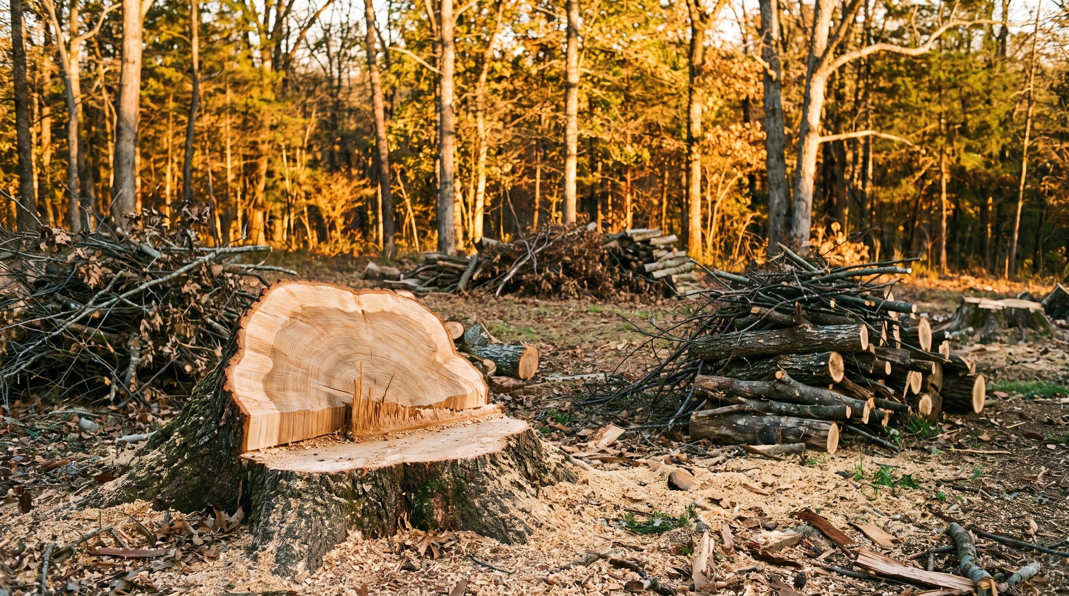 A freshly cut hardwood stump and stacked brush after a removal