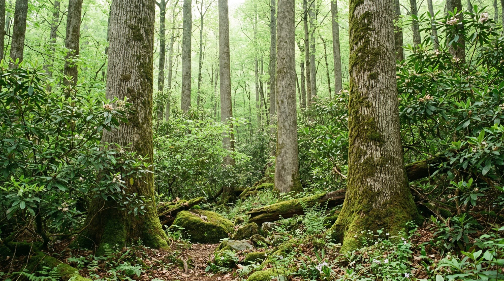 Tall tulip poplar and rhododendron in an East Tennessee forest in spring