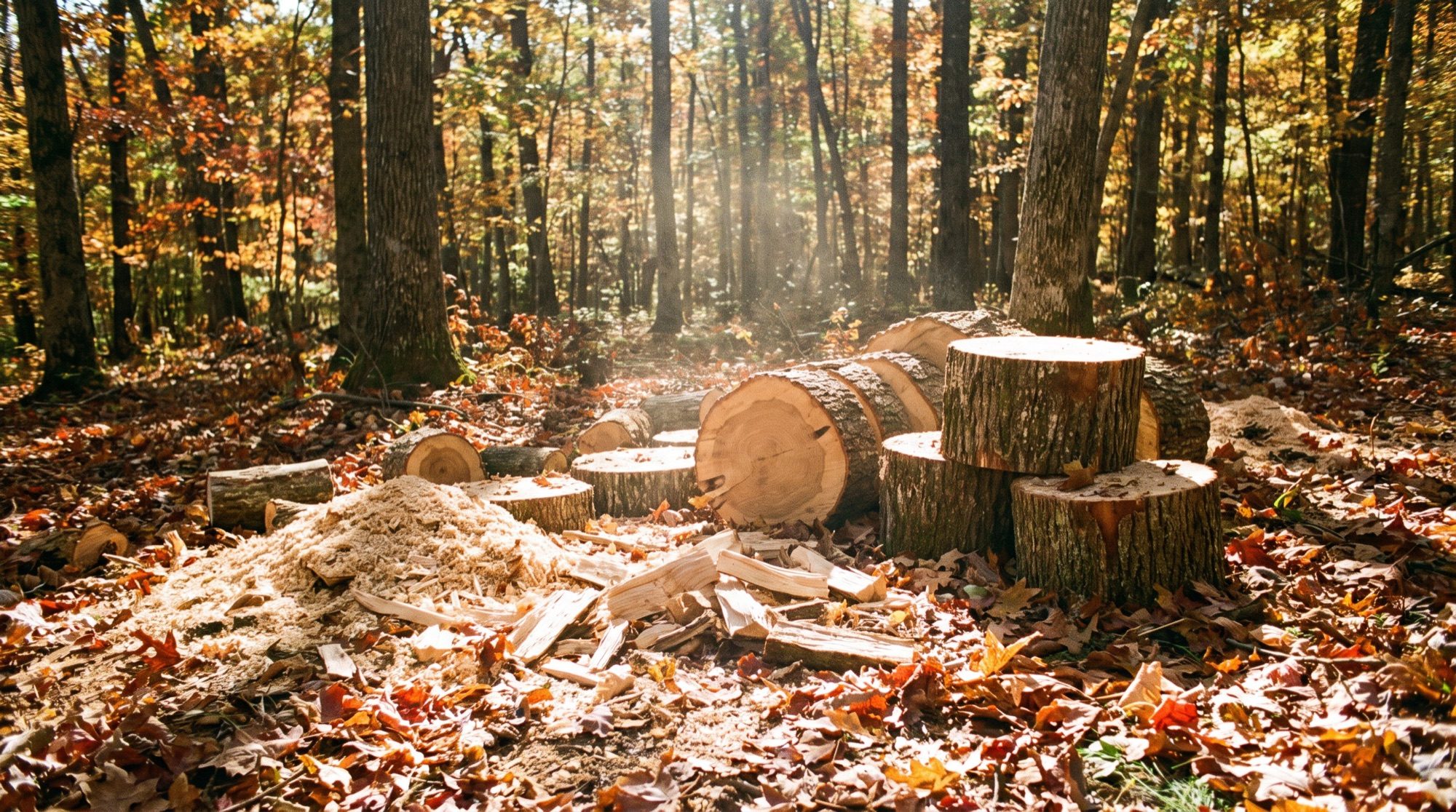 Fresh-cut log rounds and wood chips in a cleared hardwood stand
