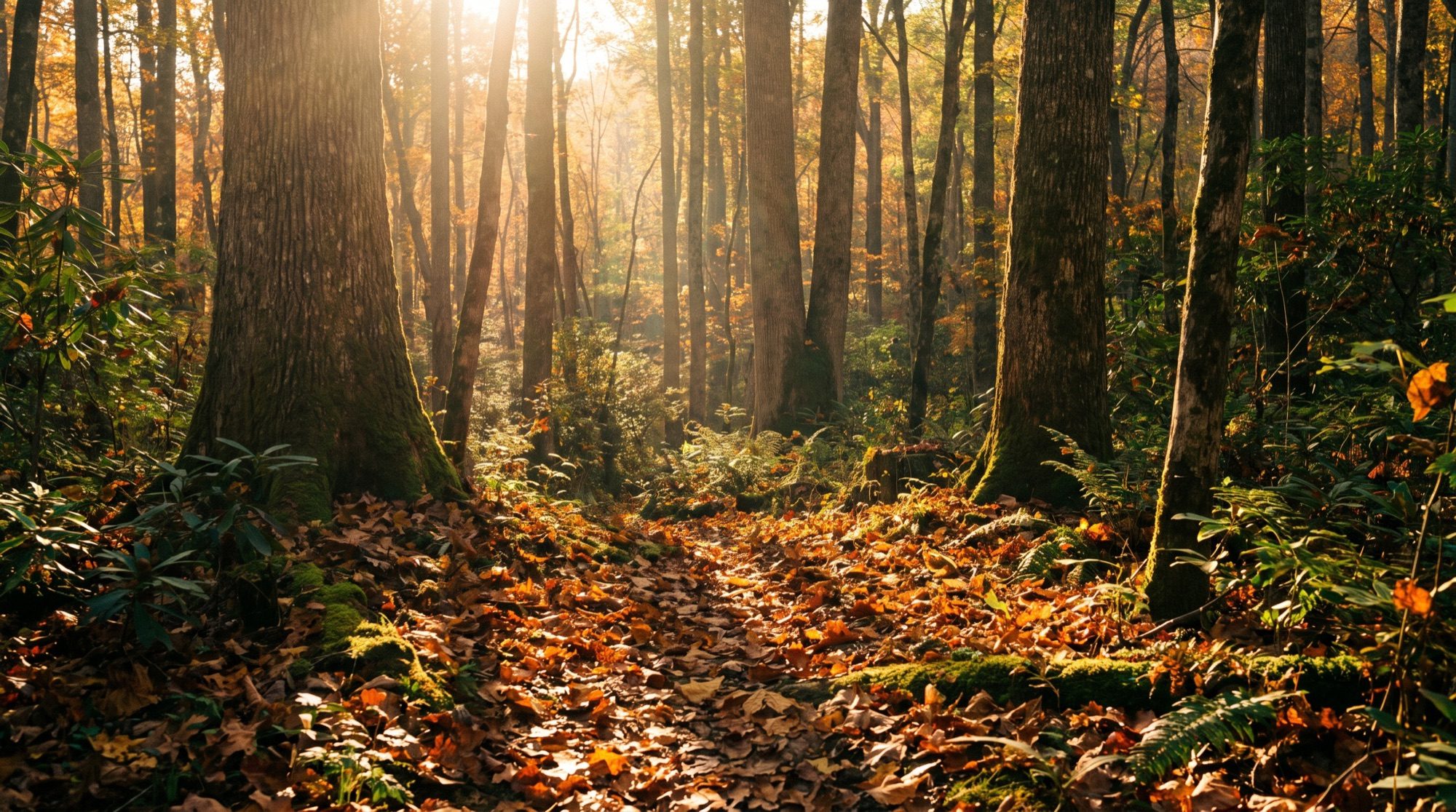 Golden autumn light through an East Tennessee hardwood forest