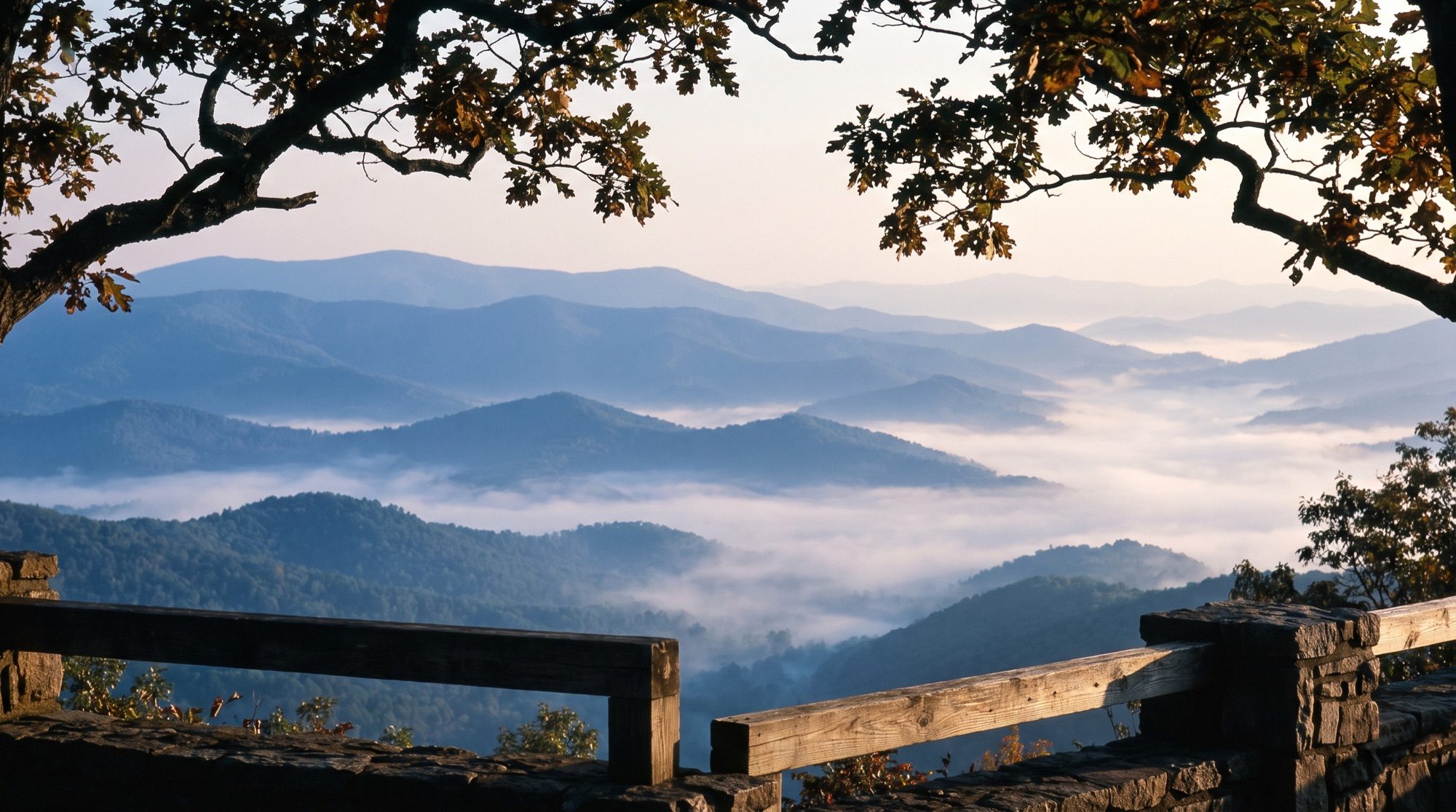 Mist lying in the valley below an East Tennessee ridge-top overlook