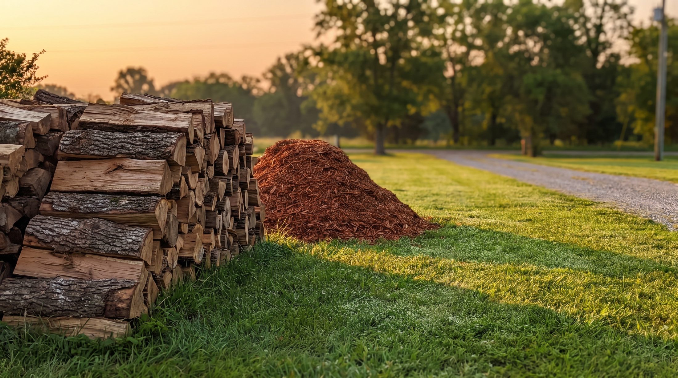 Stacked cut logs in warm evening light after a job