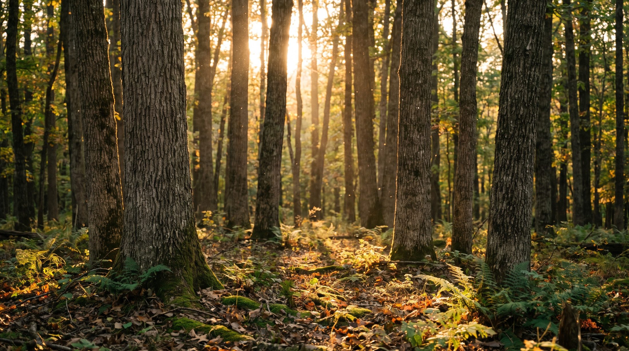 Warm golden light over tall trees at day's end