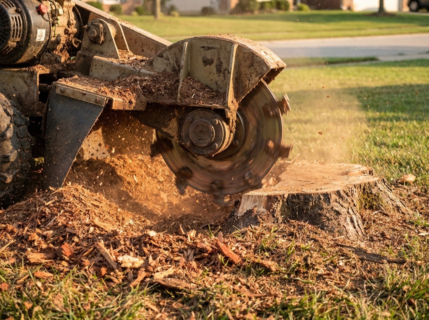A stump being ground out flush to the ground